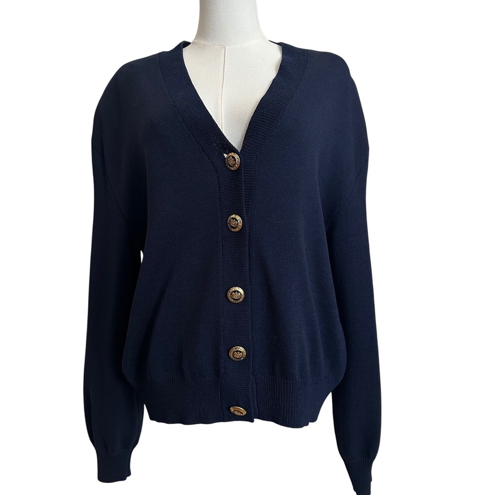 St. John Basics Navy Wool Rayon Knit V-Neck Cardigan Sweater Gold Buttons L